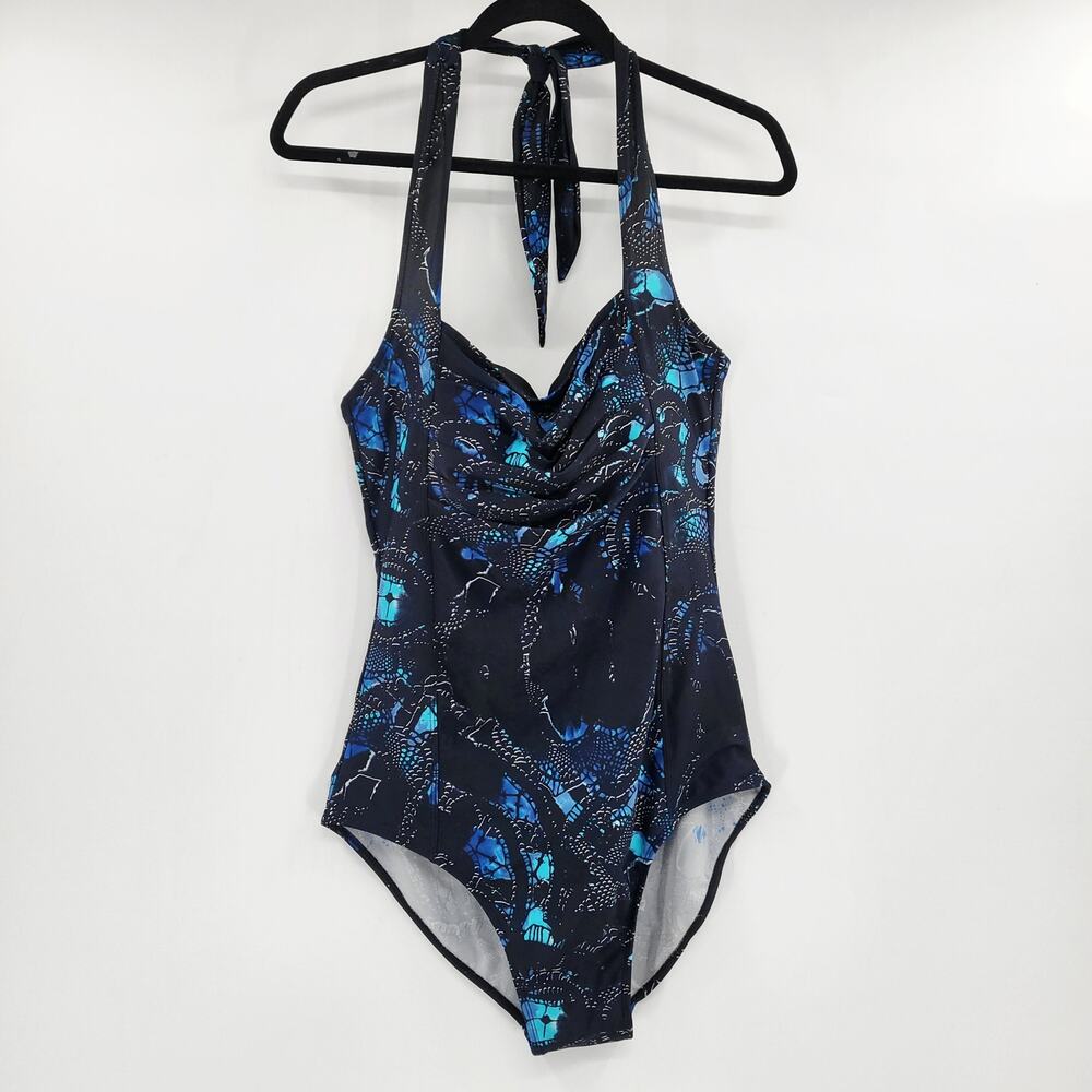 Ingear Black & Blue Abstract Print Halter Neck One Piece Swimsuit Women's 14